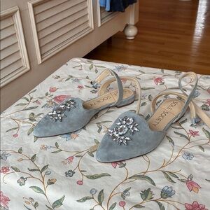 Sole Society Light Blue Suede Jeweled Slingback Mules